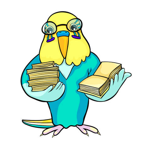 Wavy parrot man smart in glasses with books vector illustration