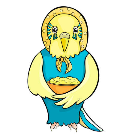 Wavy parrot old grandmother in a kerchief with a plate of food vector illustration