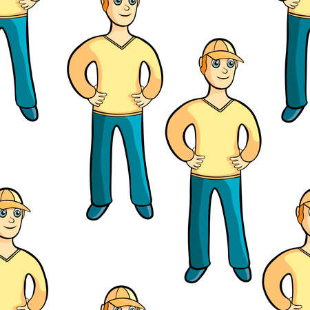 seamless pattern model of a human male in a cap, hands on the belt vector illustrationのイラスト素材