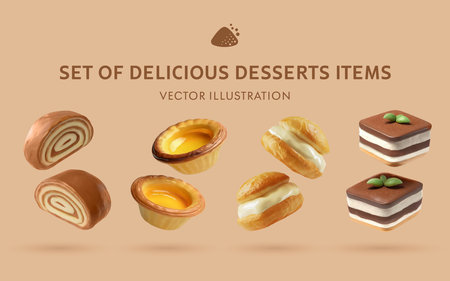 A Set of Delicious 3D Desserts Illustrations: Orechovy Zavin, Pastel de Nata, Cream Puff, TiramisÃ¹の写真素材