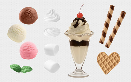 A Set of Ice Cream Desserts 3D Illustrations: Chocolate Sundae, Ice Cream, Whipped Cream, Chocolate Wafer Rolls, Mint Leaves, Marshmallow, Heart-shaped Wafer Cookieの写真素材