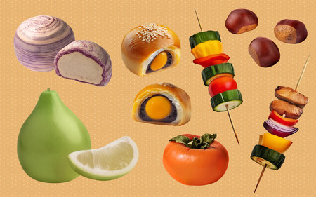 A Set of Moon Festival food 3D Illustrations: Pomelo, Persimmon, Taro Pastry, Chestnut, Yolk Pastry, Barbecueの写真素材