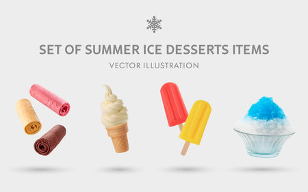 A Set of Summer Ice Desserts 3D Illustrations: Ice Manias, Soft Serve, Popsicle, Shaved Iceの写真素材