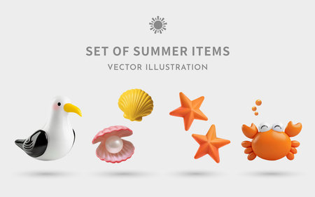A Set of Summer 3D Illustrations: Seagull, Seashell, Pearl Oyster, Starfish, Crabの写真素材