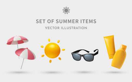 A Set of Summer 3D Illustrations: Sunshade, Sun, Sunglasses, Sunscreenの写真素材