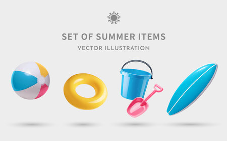 A Set of Summer 3D Illustrations: Beach Ball, Swim Ring, Toy Bucket, Toy Shovel, Surfboardの写真素材