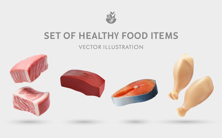 A Set of Healthy Food 3D Illustrations: Pork, Beef, Fish, Chickenの写真素材