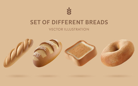 A Set of Delicious 3D Baked Bread Illustrations: Baguette, Toast, Bagelの写真素材