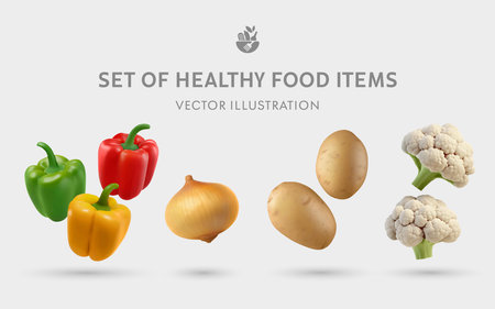 A Set of Healthy Food 3D Illustrations: Pepper, Onion, Potato, Cauliflowerの写真素材