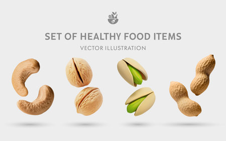 A Set of Healthy Food 3D Illustrations: Cashew, Walnut, Pistachio, Peanutの写真素材