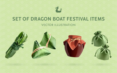 A Set of Dragon Boat Festival 3D Illustrations: Zongzi, Realgar Wine, Sachet, Mugwort Bundle, Lemongrass Bundleの写真素材