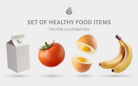 A Set of Healthy Food 3D Illustrations: Milk, Tomato, Egg, Bananaの写真素材