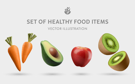A Set of Healthy Food 3D Illustrations: Carrot, Avocado, Apple, Kiwiの写真素材