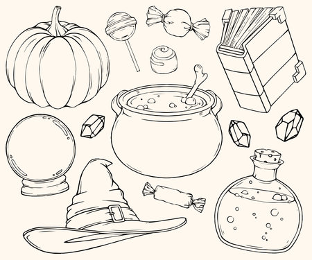 Halloween Witch Magic Tools Hand-drawn Illustration Set: Witch's Cauldron, Magic Potion, Spellbook, Wizard Hat, Crystal Ball, Candy, Pumpkin, Gemstonesの写真素材