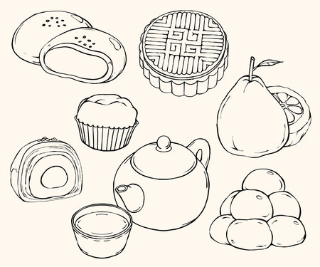 Traditional Mid-Autumn Festival Food Hand-drawn Illustration Set: Mooncakes, Yolk Pastry, Vegetable Dumpling, Confection, Rice Cake, Pomelo, Mochi, Teaの写真素材