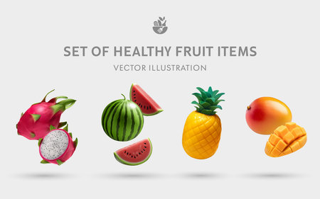 A Set of Healthy Fruit 3D Illustrations: Dragon Fruit, Watermelon, Pineapple, Mangoの写真素材