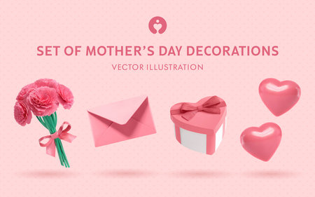 A Set of Mother's Day 3D Illustrations: Carnation Bouquet, Envelope, Gift Box, Heartの写真素材