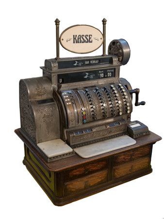 Old cash register around 1900, Dayton, Ohio against white background