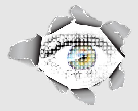 Eye looking from the hole in paperの写真素材
