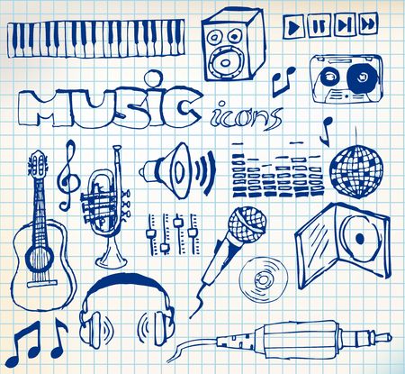 Set of music hand-drawn icons on squared paper の写真素材