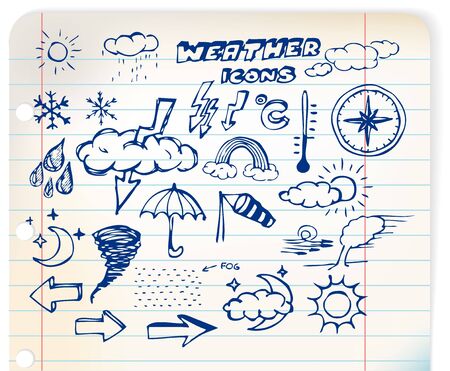 Set of grunge weather hand drawing icons on lined paperの写真素材