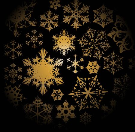 Golden snowflakes isolated on a black backgroundのイラスト素材