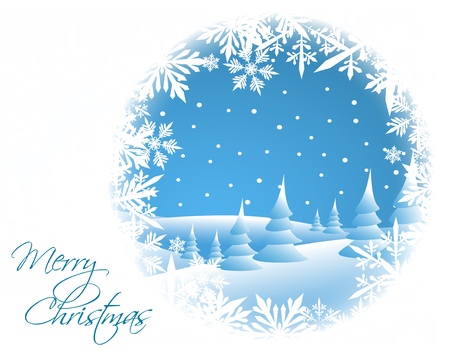 Winter card with snowy landscape and white snowflakesのイラスト素材