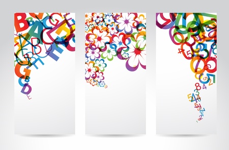 Vertical Banners with colorful rainbow numbers, letters, flowersのイラスト素材