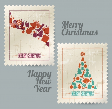 Collection of christmas vintage postage stamps made from christmas elementsのイラスト素材