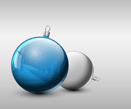 Vector Christmas realistic baubles with snowy landscapeのイラスト素材