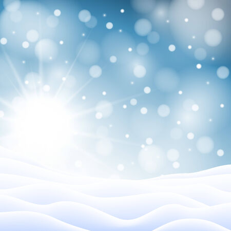 Christmas snowy background with sun, snowflakes and snowdriftsのイラスト素材