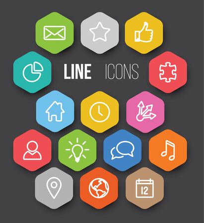 Set of black vector minimalistic thin line icon in color hexagons - white versionのイラスト素材