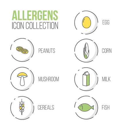 icons set for allergens (milk, fish, egg, gluten, wheat, nut, lactose, corn, mushroom) - green and yellow versionのイラスト素材