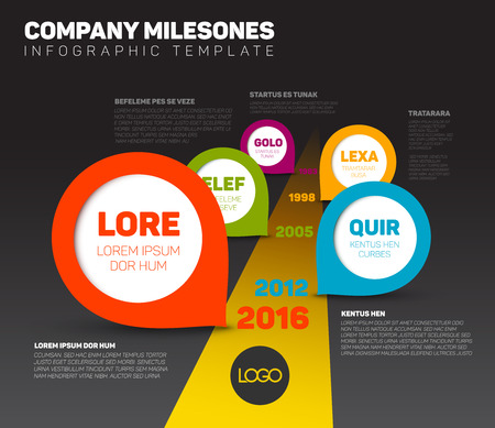 dark Infographic Company Milestones Timeline Template with pointers on the road with yellow dividing lineのイラスト素材