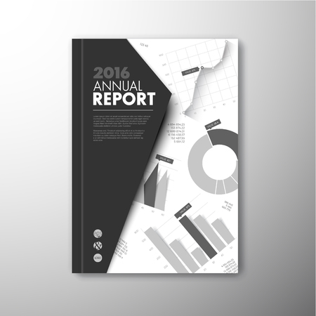 Modern Vector annual brochure, report or flyer design template with infographic graphs and charts - black and white versionのイラスト素材