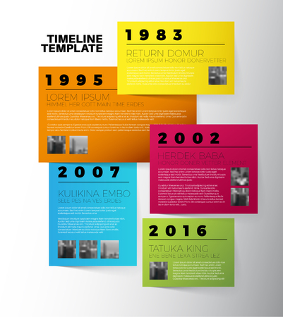 Vector Infographic typographic timeline report template with the biggest milestones, photos, years and description on color papersのイラスト素材