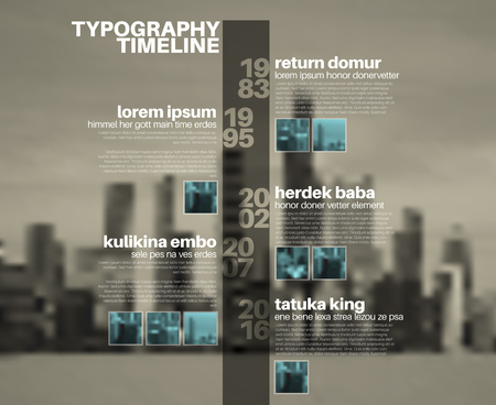 Vector Infographic typographic timeline report template with the biggest milestones, photos, years and description on blurred city backgroundのイラスト素材