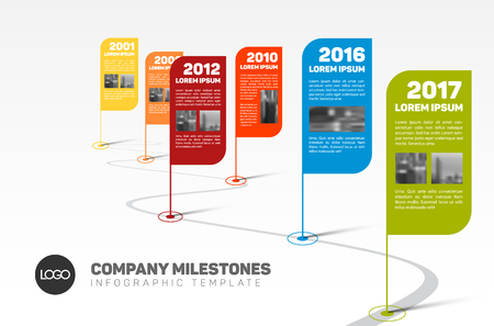 Vector Infographic Company Milestones Timeline Template with flag pointers and photo placeholders on a curved road lineのイラスト素材