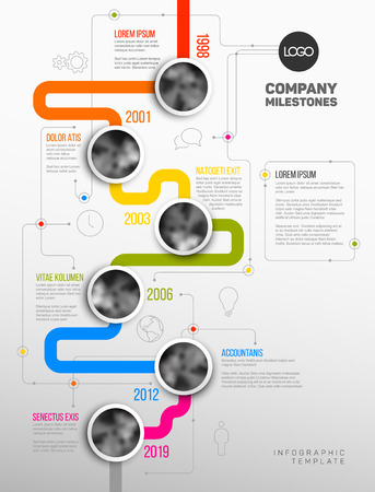 Vector Infographic Company Milestones Timeline Template with circle photo placeholders on colorful line - vertical versionのイラスト素材