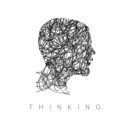 Vector thinking concept illustration - head made from gray doodle line drawingのイラスト素材