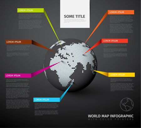 World map globe with pointer marks - dark version, with colorful labels.のイラスト素材