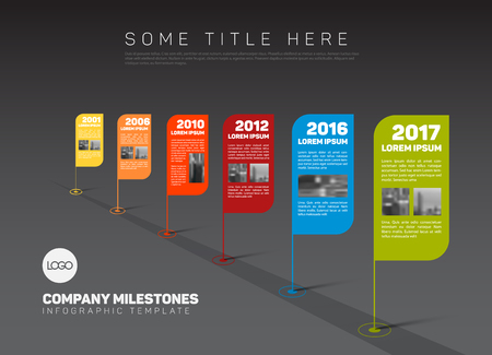 Vector Infographic Company Milestones Timeline Template with flag pointers and photo placeholders on a stright line - dark versionのイラスト素材