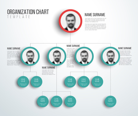 Minimalist company organization hierarchy chart template - light red and teal version with photosのイラスト素材