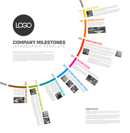 Infographic circular timeline report template with the biggest milestones, icons, photos and years labelsのイラスト素材
