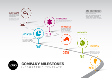 Vector Infographic Company Milestones Timeline Template with pointers on a curved road line