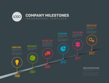 Vector Infographic Company Milestones Timeline Template with pointers on a straight road line - dark versionのイラスト素材