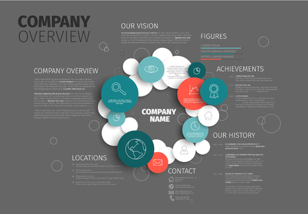 Vector Company infographic overview design template made from circles and icons - dark versionのイラスト素材