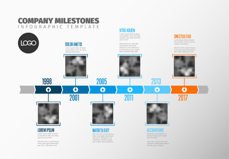 A Vector Infographic Company Milestones Timeline Template with square photo placeholders on a blue time line illustration.のイラスト素材