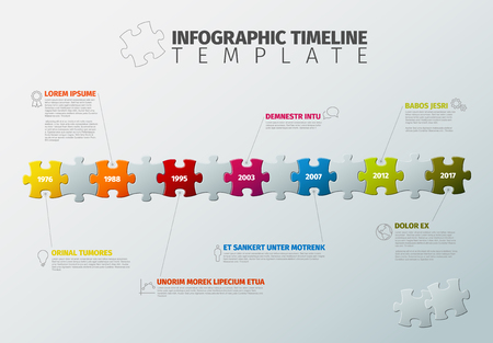 A Vector puzzle Infographic timeline report template made from colorful jigsaw pieces, icons and description text illustration.のイラスト素材