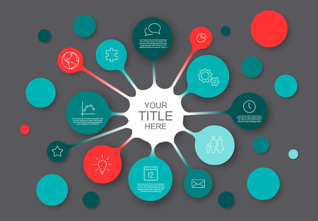 Teal and red Vector Infographic report template with bubbles - dark version.のイラスト素材